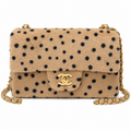 Chanel Polka Dot Shearling Mini Classic Flap Bag Beige Black 20cm