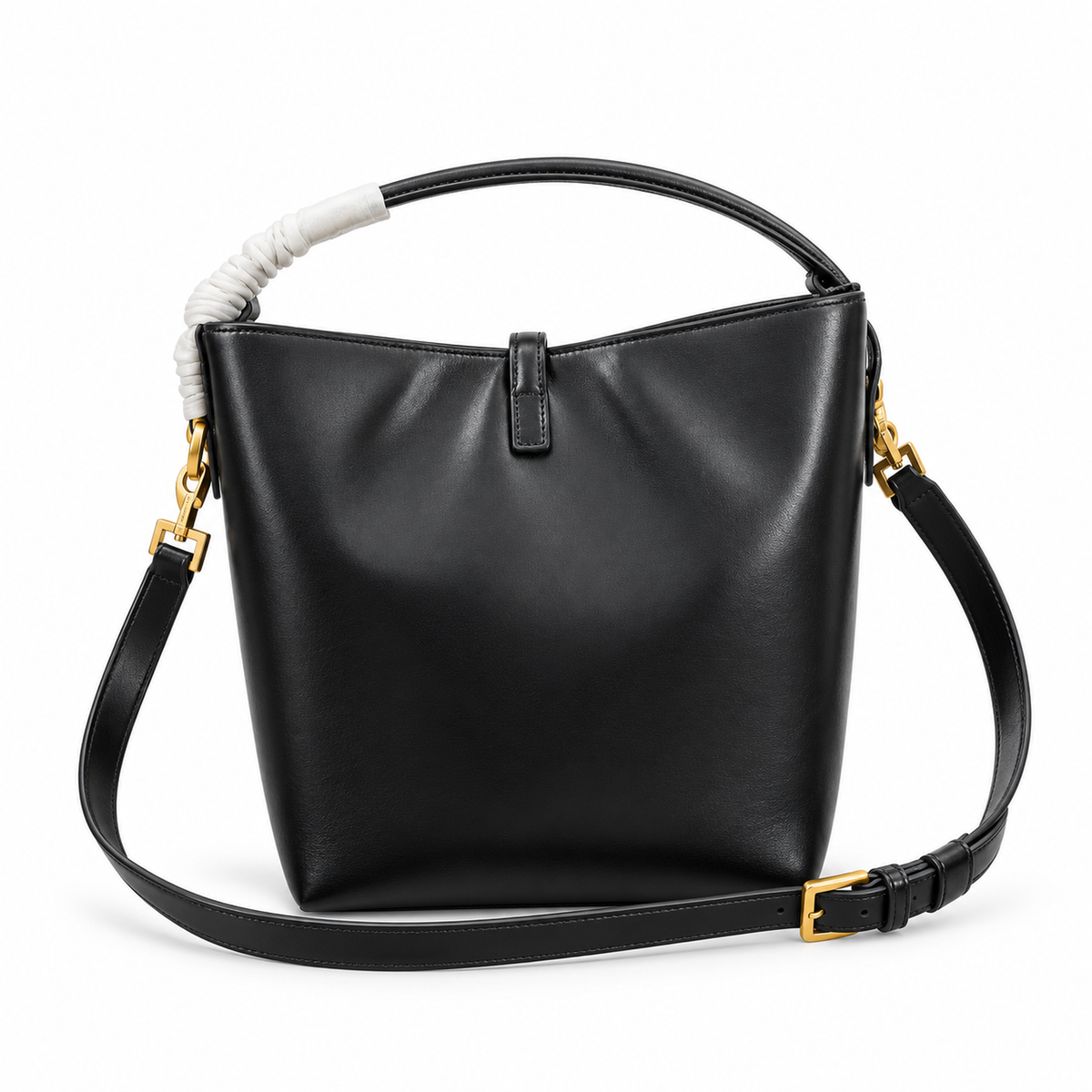 YSL Saint Laurent Suzanne Bucket Bag Black Smooth Leather Gold Hardware Curved Handle Adjustable Crossbody Strap