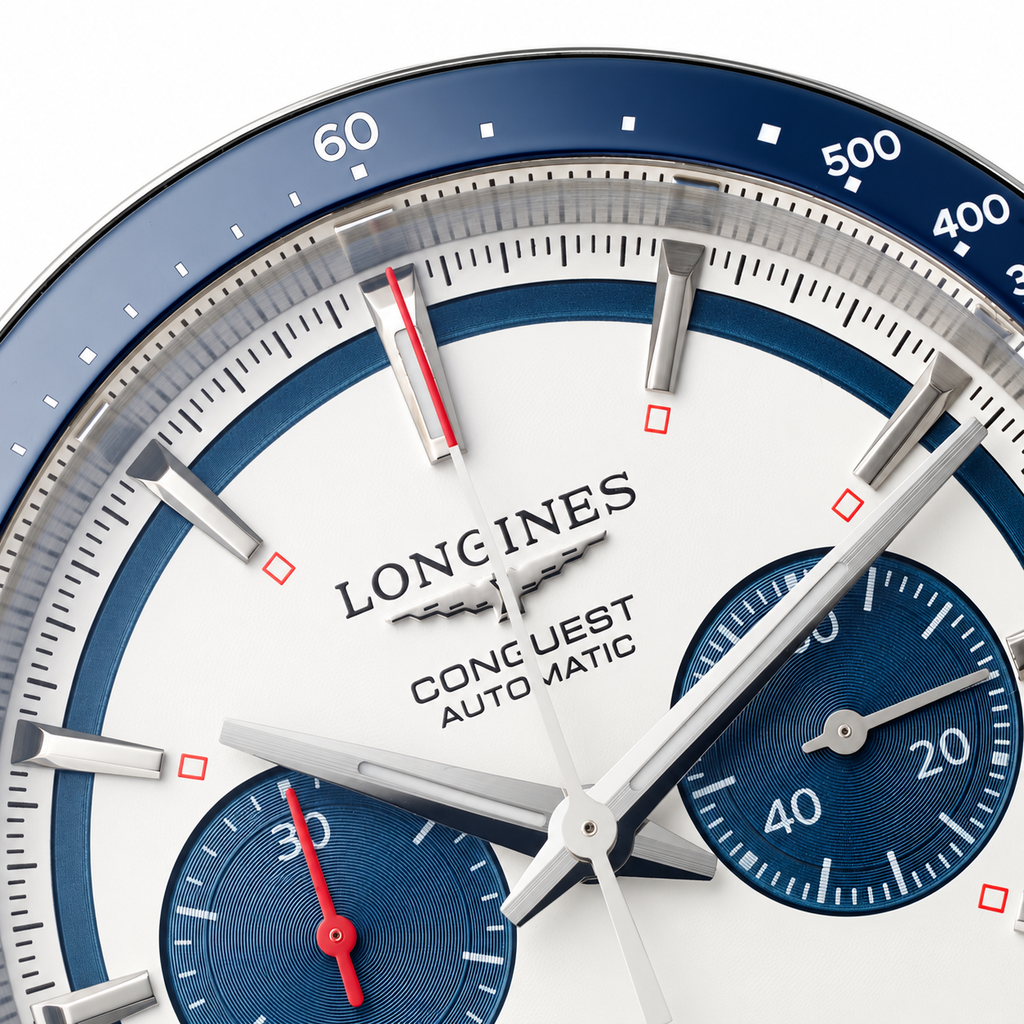 Longines Conquest Automatic Chronograph White Dial Blue Bezel Steel Bracelet