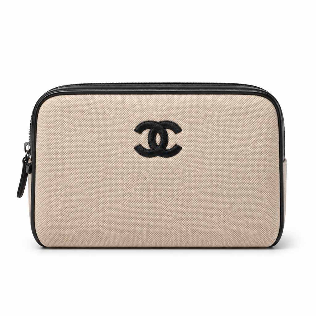 Chanel Natural Linen Camera Bag | Black CC Appliqué, Black Leather Trim & CHANEL Zip Pulls