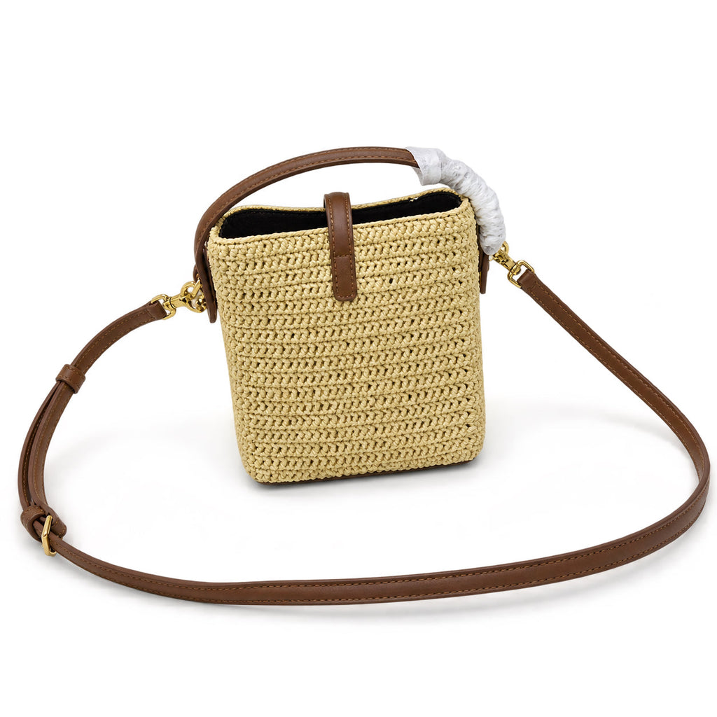 YSL Saint Laurent Suzanne Bucket Bag in Natural Raffia and Tan Leather