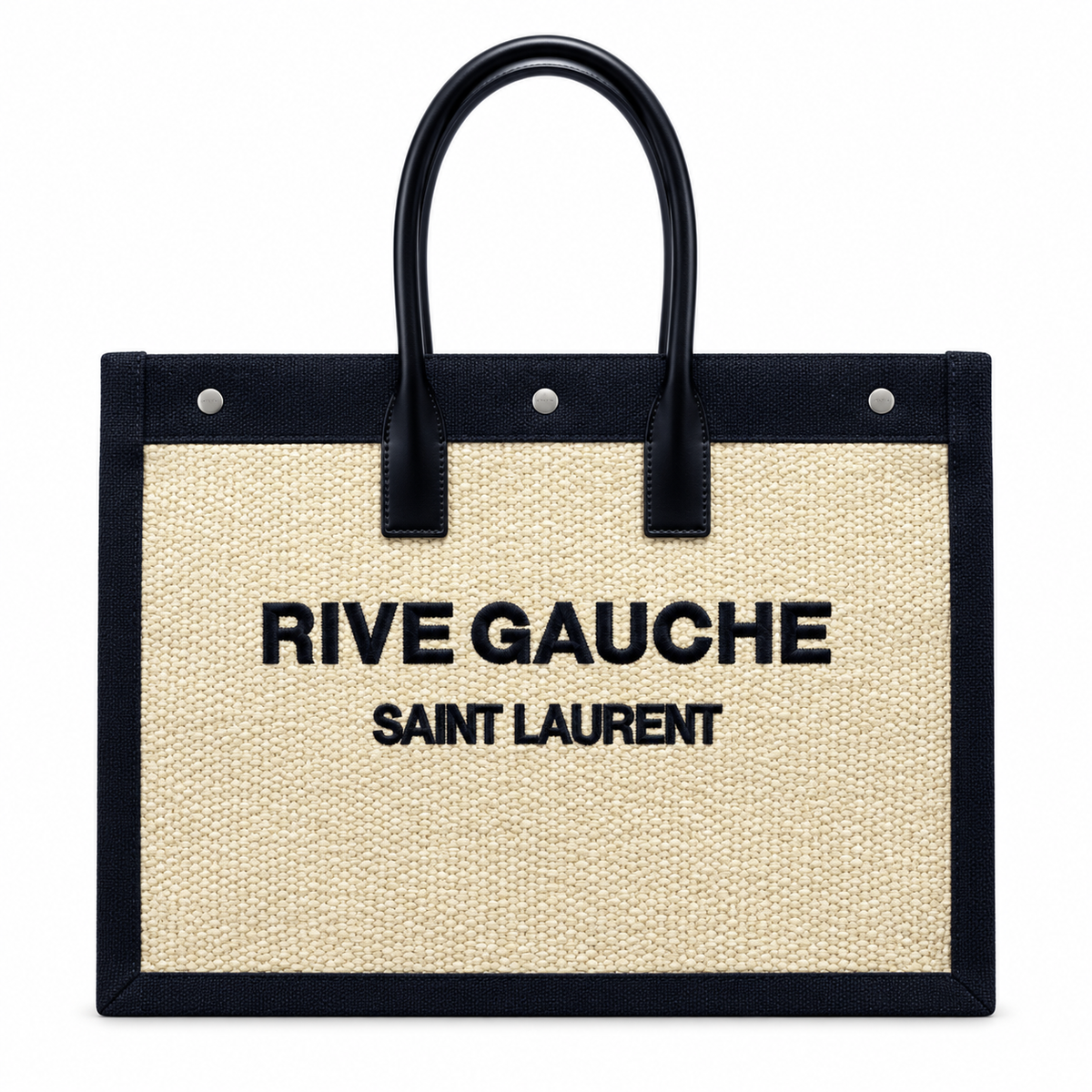 Saint Laurent Rive Gauche Large Tote Bag in Natural Canvas and Black Leather