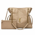 Saint Laurent YSL Jamie large quilted tote bag in sand beige geometric patchwork lambskin with gold chain handles and YSL monogram with matching zipped pouch