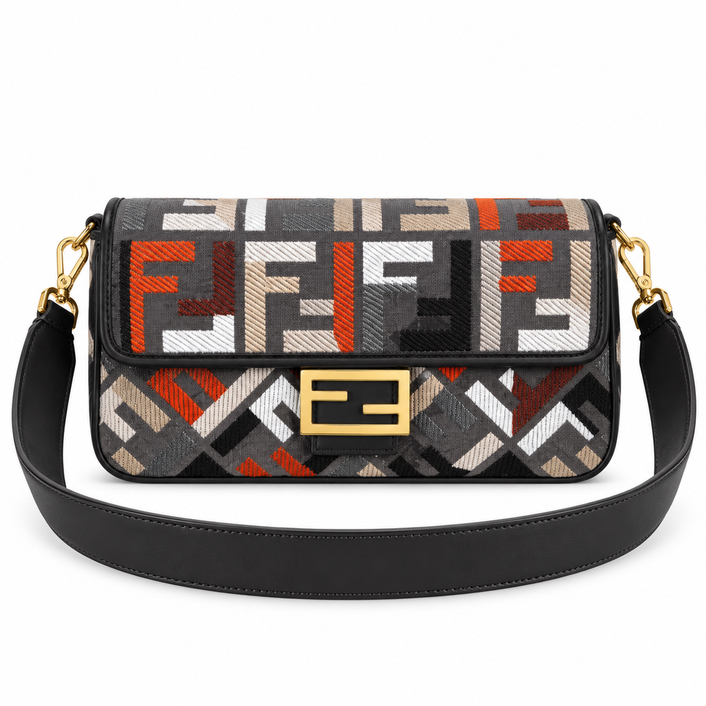 Fendi FF Shoulder Bag – Jacquard Canvas & Leather Trim, Flap Closure, 26cm
