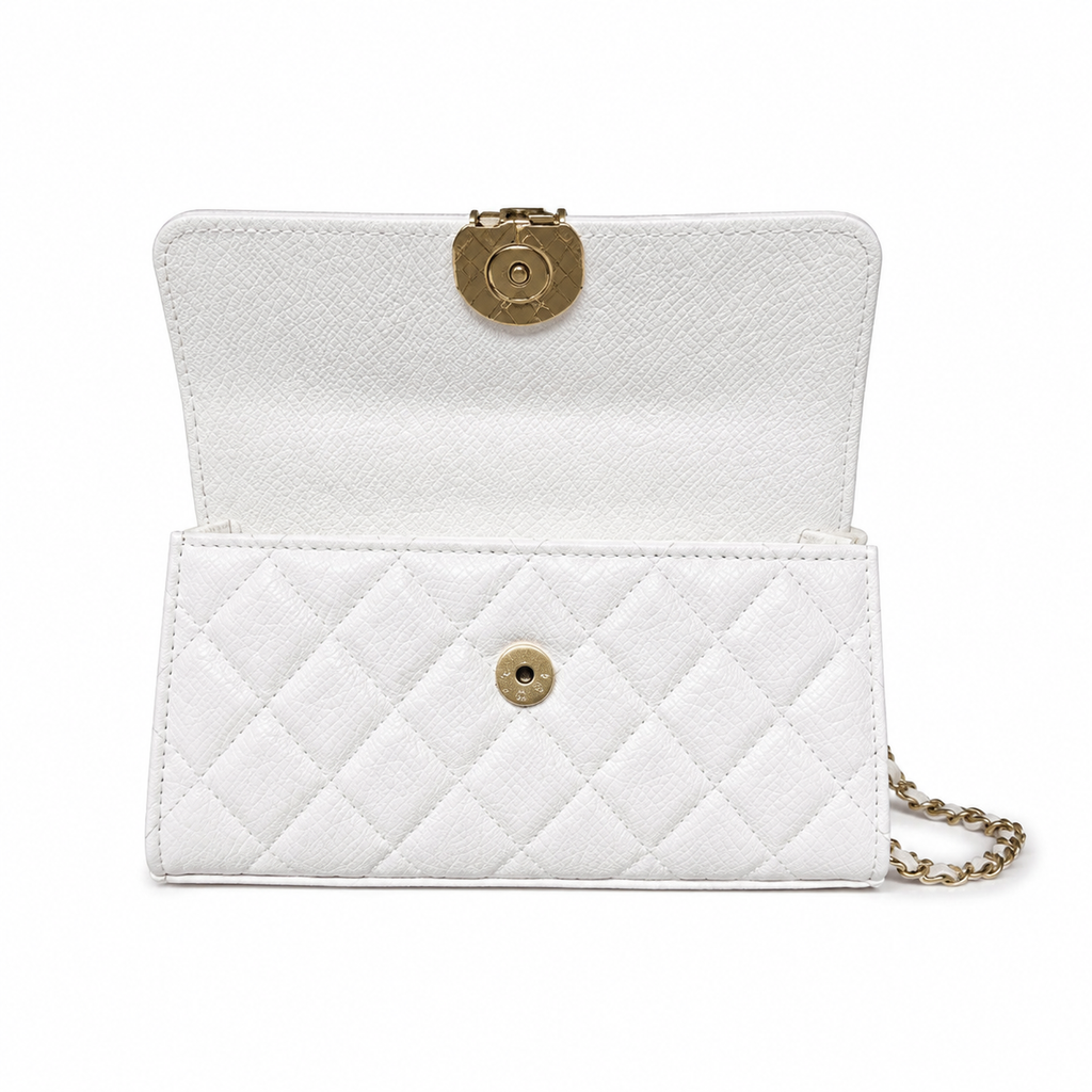 Chanel White Smooth Quilted Mini Top Handle Flap Bag | Gold Chain-Link CC Turn-Lock with Central Sphere & Dual White Chain