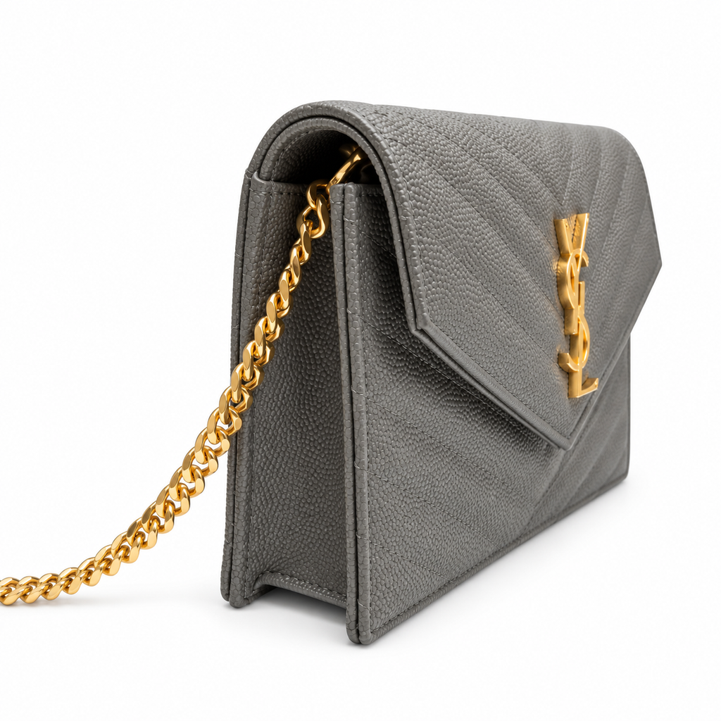YSL Saint Laurent Envelope Chain Wallet in Dark Grey Matelassé Leather