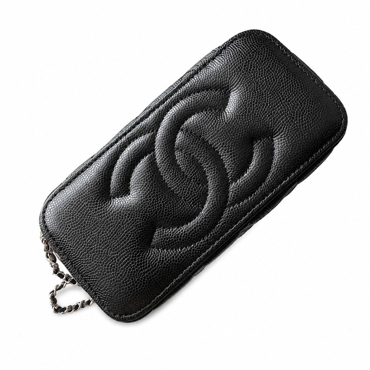 Chanel Black Diagonal Quilted Caviar Vanity Box Bag | Chain Top Handle & Silver Chain