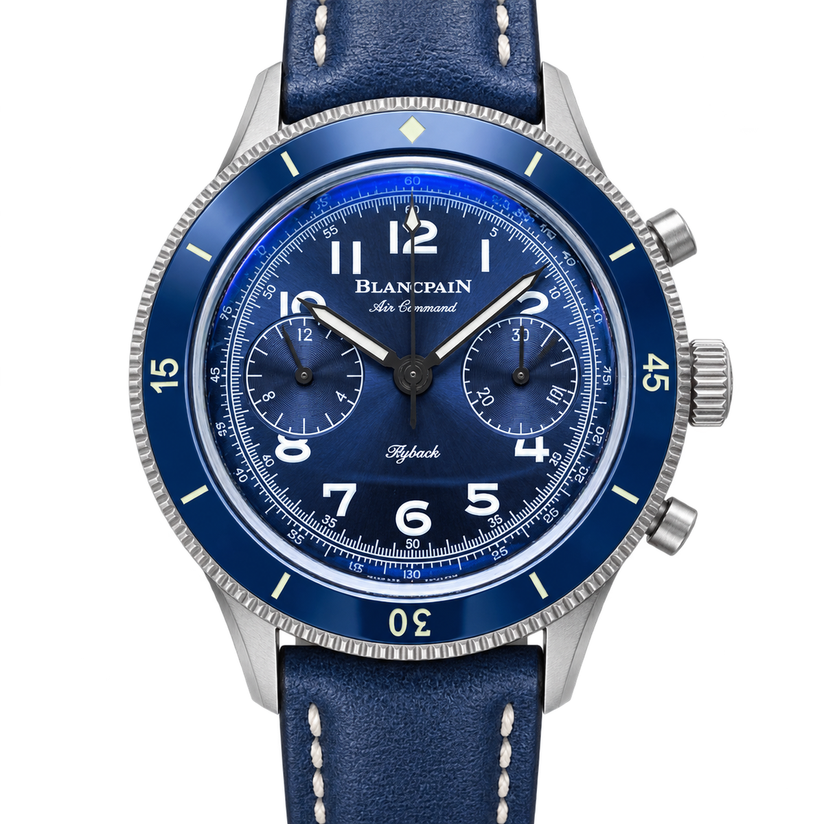 Blancpain Air Command Flyback chronograph stainless steel blue dial blue ceramic bezel navy leather strap
