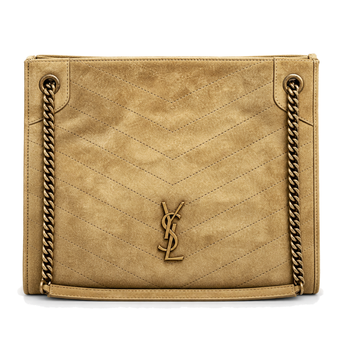 YSL Saint Laurent Nolita Quilted Suede Tote Bag Sand with Gold Chain Straps