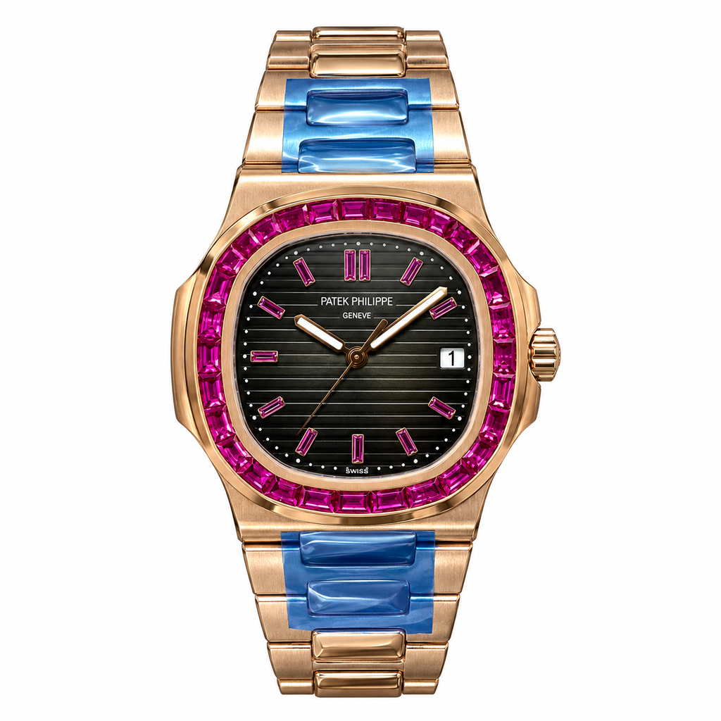 Patek Philippe Nautilus Rose Gold Ruby Bezel Black Dial Blue Ceramic Bracelet 40mm