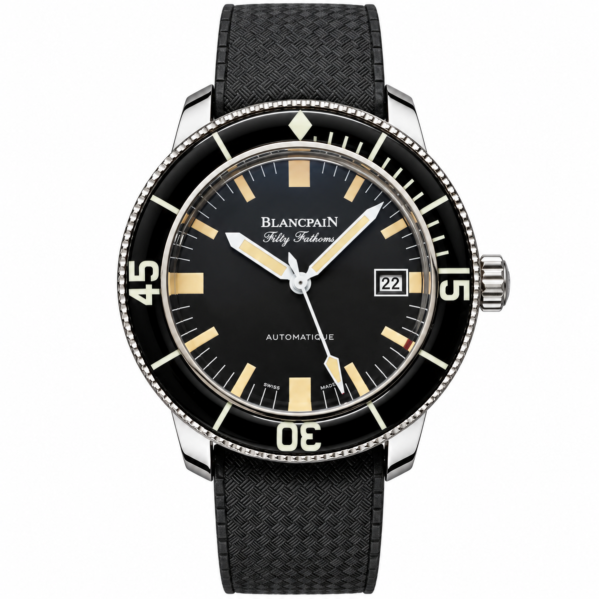 Blancpain Fifty Fathoms Barakuda matte black dial aged gold luminous indices black unidirectional bezel rubber strap automatic vintage dive watch