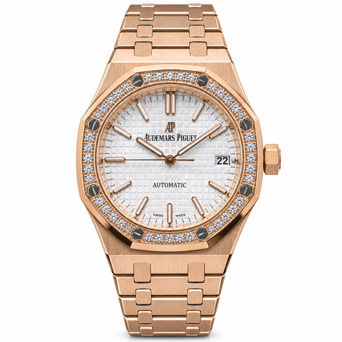 Audemars Piguet Royal Oak Automatic Rose Gold Diamond Bezel White Dial