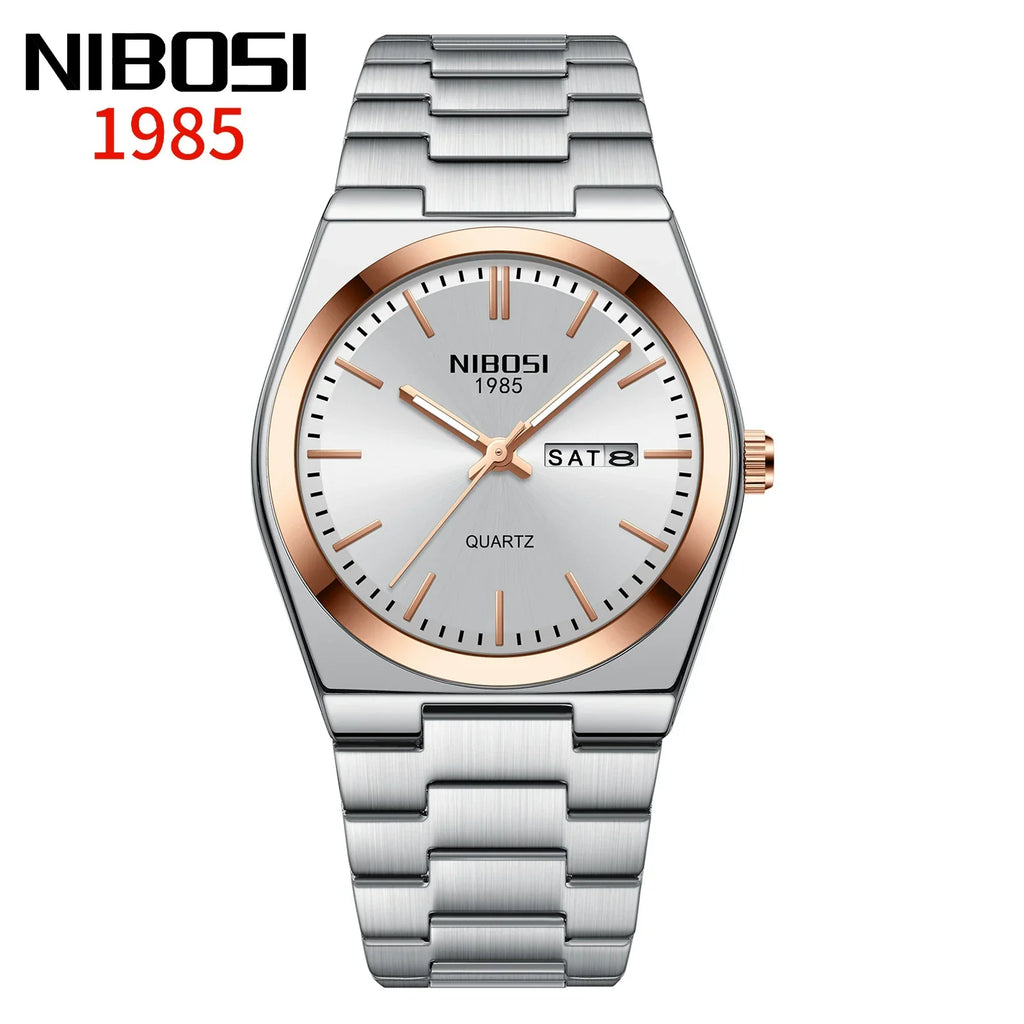 NIBOSI 1985 — Stainless Steel, Blue Sunray Dial, Day-Date & Steel Bracelet, Men