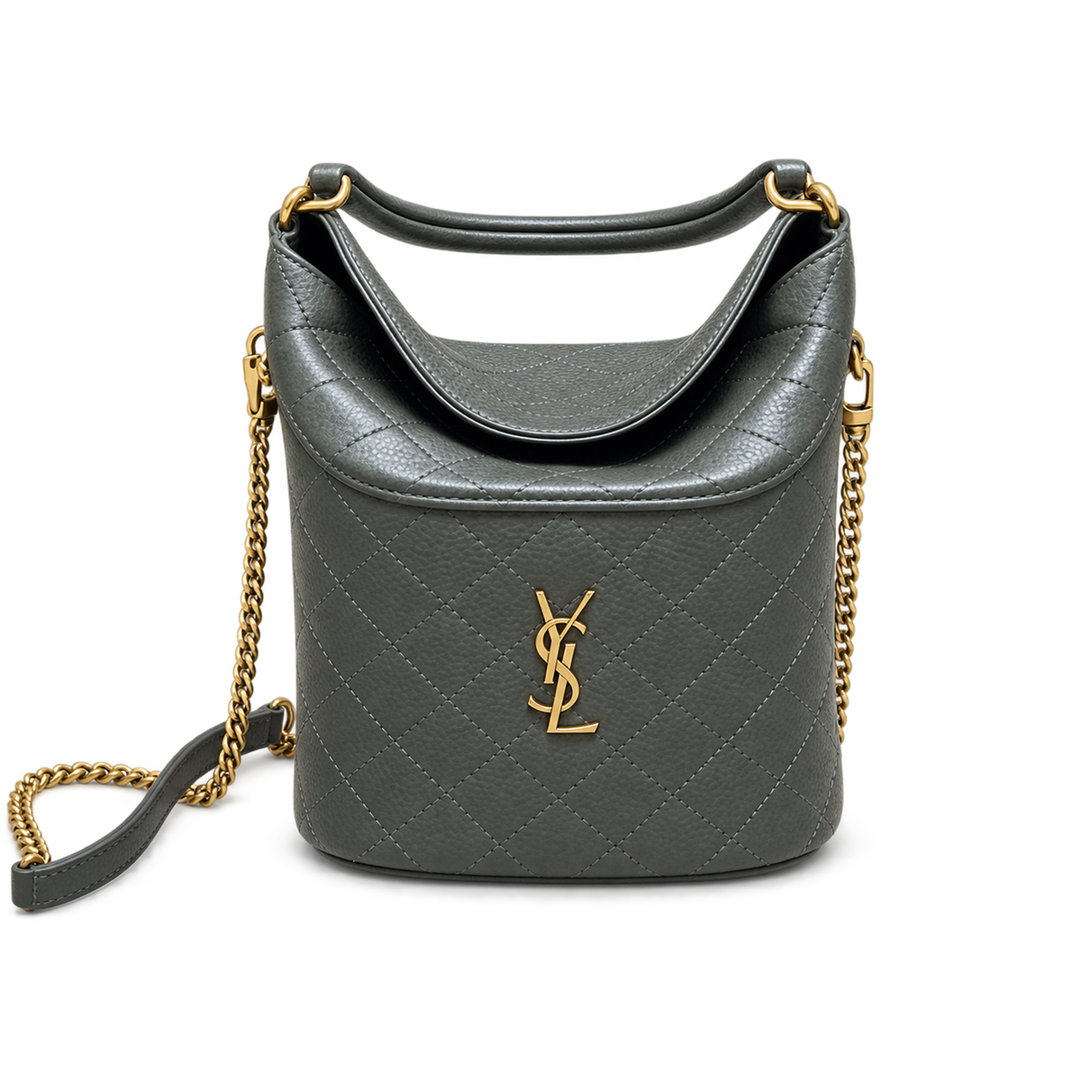 YSL Saint Laurent Gaby Bucket Bag Khaki Quilted Leather Gold YSL Monogram Chain Strap Leather Handle
